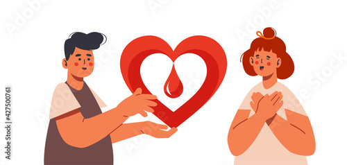 Blood donation. World donor day on 14 june. Volunteer holding big heart with drop of blood. Patient female put hands in grateful or thankful gesture.Charity and medicine concept. Isolated on white.