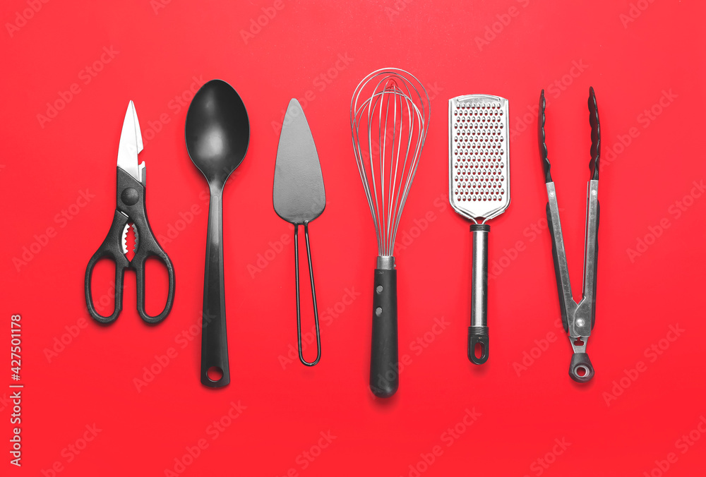 Set of kitchen utensils on color background Set of kitchen utensils on color background