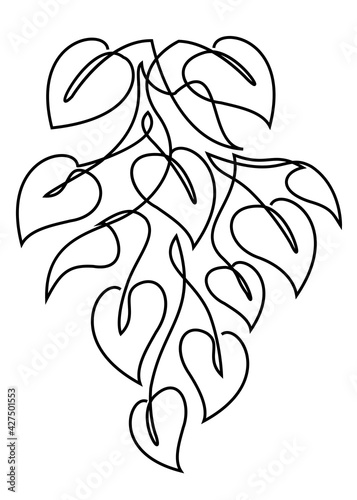 Scindapsus flower branch in a modern style in the style of one line. Continuous line drawing, home decor sketches, posters, wall art, stickers. Floral logo or icon vector illustration.