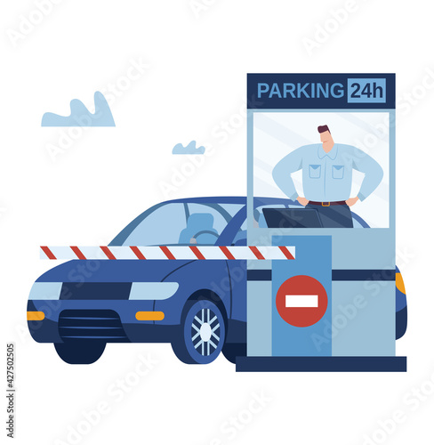 Stop control parking, gate transport security, road city, isolated on white, access entrance, cartoon style vector illustration.