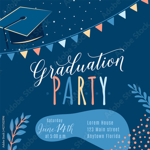 Graduation party vector background, invite card template. Trendy design illustration of graduate with cap, flags, plants, dots, organic shapes. Modern art in minimalist style