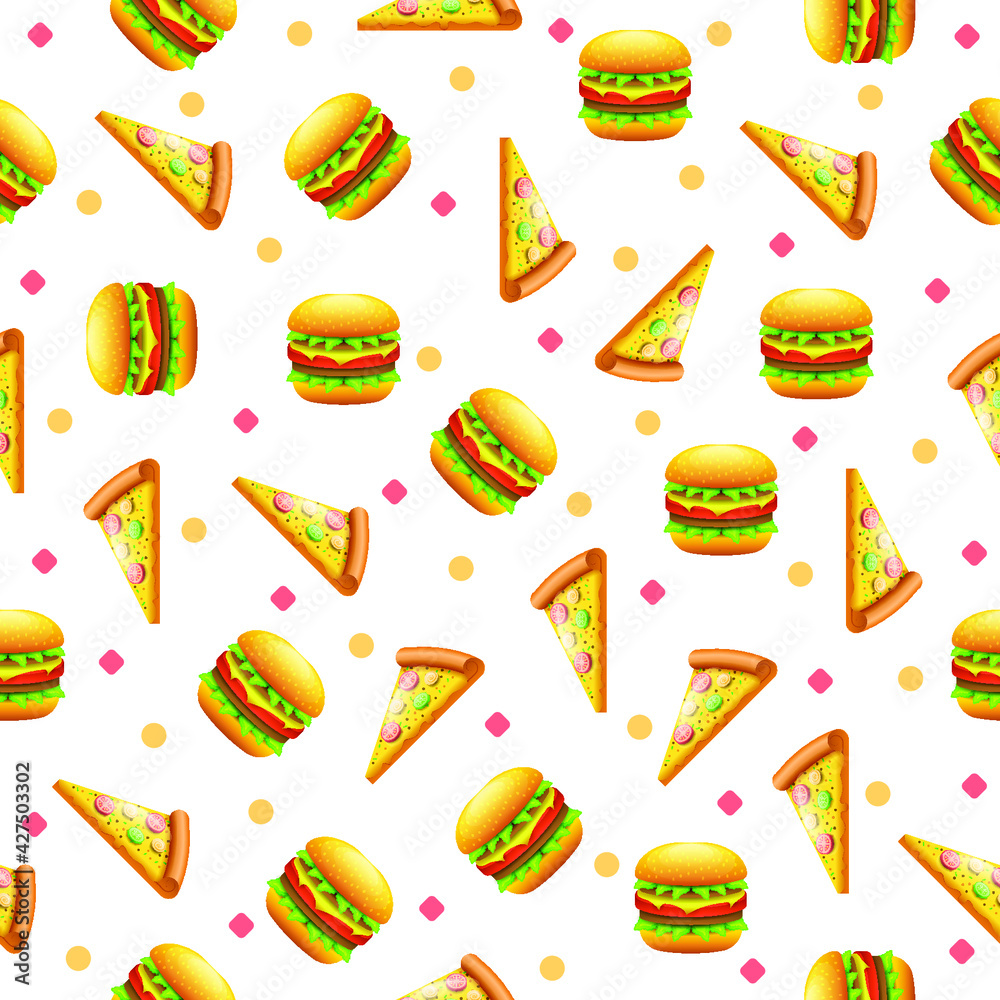 Seamless Pattern Abstract Elements Hamburger Cheeseburger And Pizza Fast Food Vector Design Style Background Illustration
