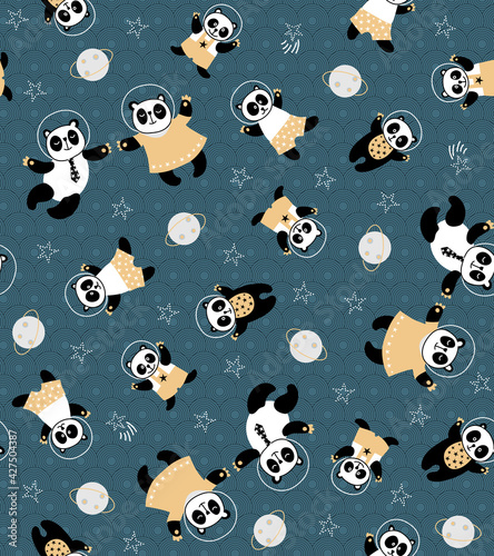 Panda in the cosmos seamless pattern, cute animal nursery background