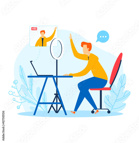 Ring lamp live online, tripod technology light, camera video, vlogging man, studio modern, cartoon style vector illustration.