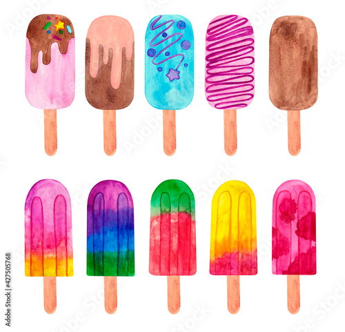 Set of colorful ice cream on wooden stick, chocolate and fruit eskimo, ice cream isolated, hand drawn watercolor illustration on white