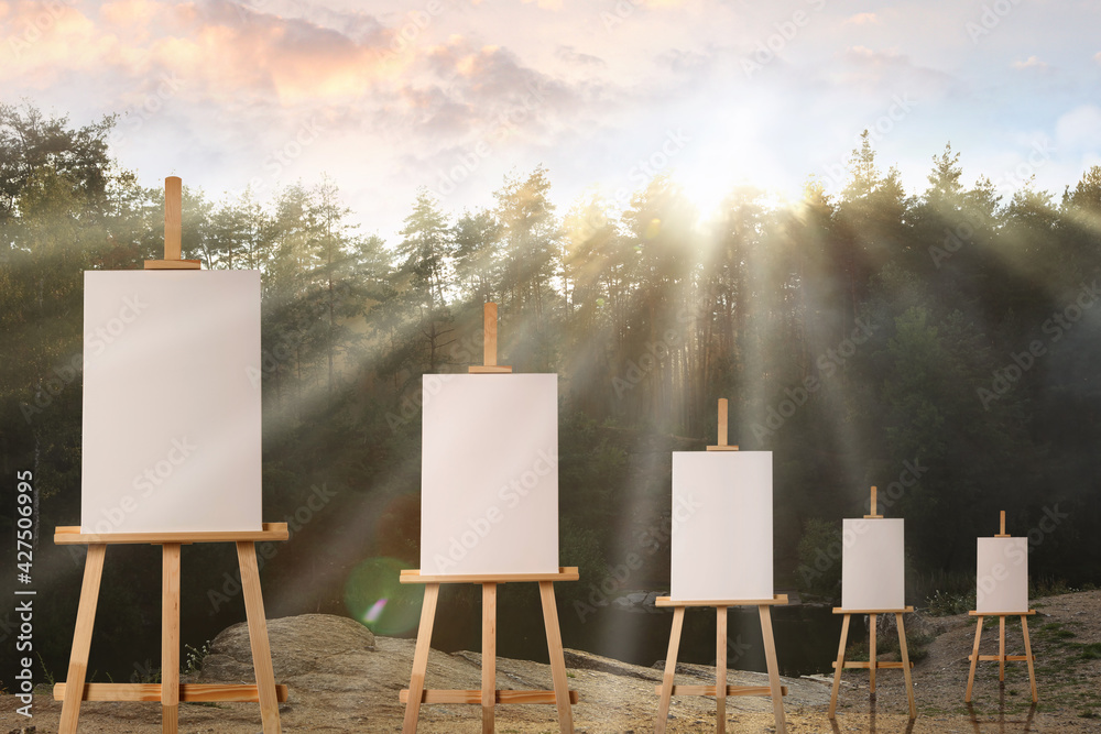 Wooden easels with blank canvases in forest on sunny day - obrazy, fototapety, plakaty 
