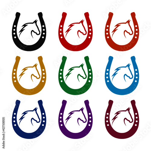 Horse icon with horseshoe isolated on white background color set