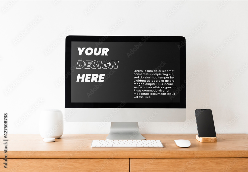 Computer Screen Mockup on Wooden Table Stock Template | Adobe Stock