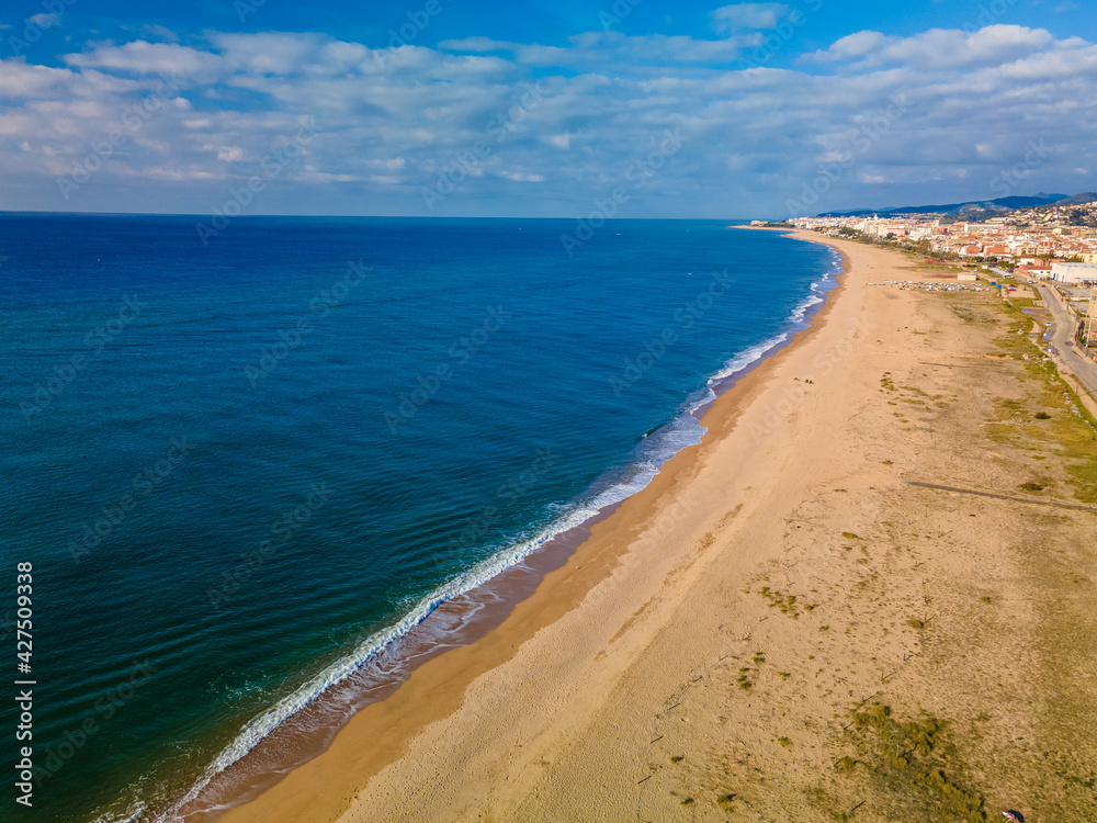 Aerial images with drone of Malgrat de Mar beach in Maresme Barcelona European tourism Spectacular cinematic plane aerial view turquoise water Aerial images with drone of Malgrat de Mar beach in Maresme Barcelona European tourism Spectacular cinematic plane aerial view turquoise water
