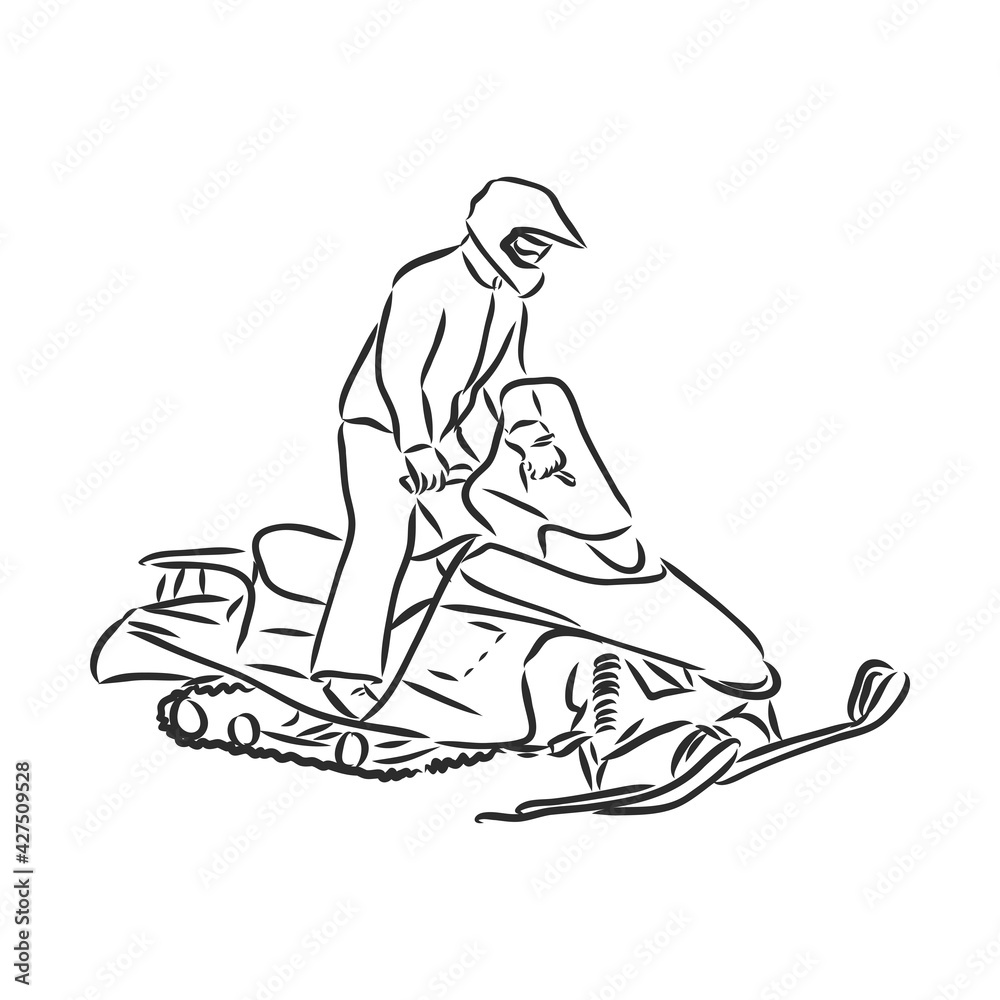 isolated illustration of a rider on a snow scooter , black and white drawing, white background