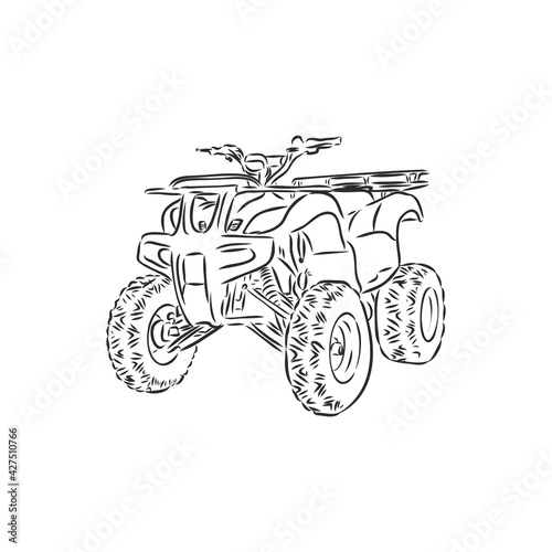 Hand drawn sketch of quad bike in black isolated on white background. Detailed vintage etching style drawing. atv vector sketch on white background