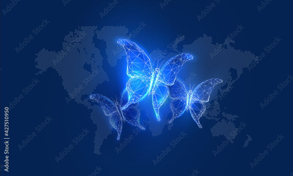 Butterfly in a digital futuristic style on background world map. The concept of a successful startup or investment or business transformation