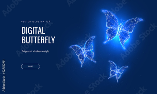 Butterfly in a digital futuristic style on background world map. The concept of a successful startup or investment or business transformation