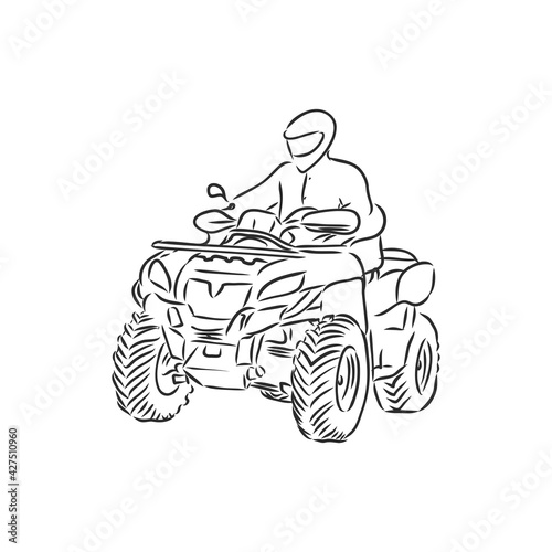 Hand drawn sketch of quad bike in black isolated on white background. Detailed vintage etching style drawing. atv vector sketch on white background