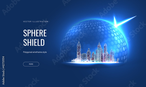 A futuristic digital city under protection. Cyber security concept as a hologram of a cityscape under a power dome. Vector illustration photo