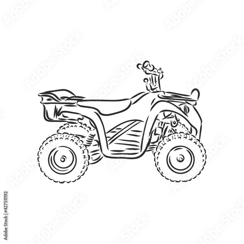 Hand drawn sketch of quad bike in black isolated on white background. Detailed vintage etching style drawing. atv vector sketch on white background