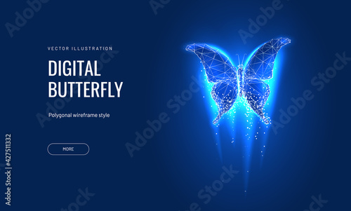 Fototapeta Naklejka Na Ścianę i Meble -  Butterfly in a futuristic polygonal style on a blue background. Abstract illustration of a butterfly, metamorphosis of renewal or transformation. Successful implementation of a startup into life