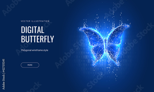 Digital butterfly in a futuristic polygonal style on a blue background. Converting binary code into a butterfly, metamorphosis of renewal or transformation.Successfully bringing business ideas to life