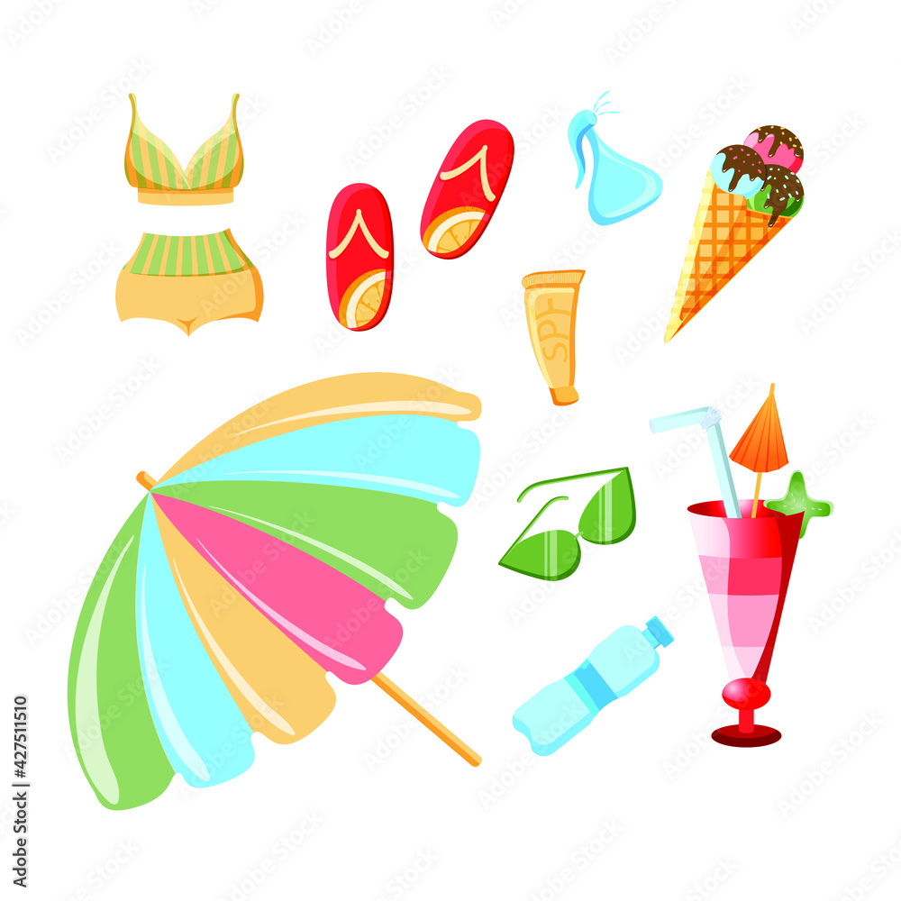 Isolated elements on a white background. Summer items: ice cream, drink, water, swimsuit, flip flops. Summer. Beach. Sun protection products. The vector is made in a flat style.
