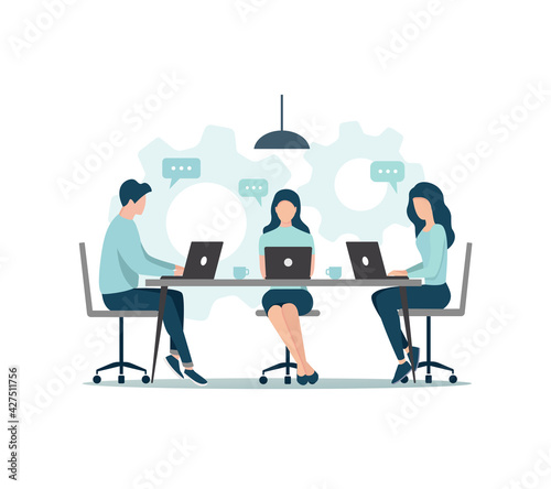 Office people teamwork. Communication and brainstorming. Colored flat illustration. Isolated on white background.
