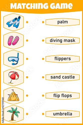 Matching game for kids. Connect picture and words. Educational worksheet for children.