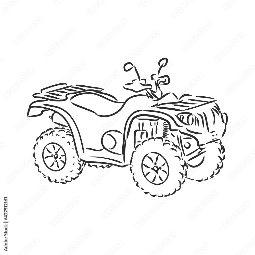 Hand drawn sketch of quad bike in black isolated on white background. Detailed vintage etching style drawing. atv vector sketch on white background