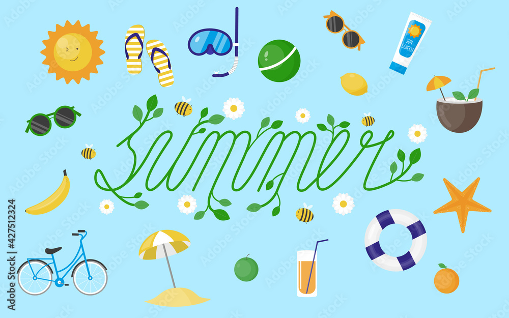Set of summer vector elements. Colorful vector clipart. Beach items illustration. Summer activity icons set.