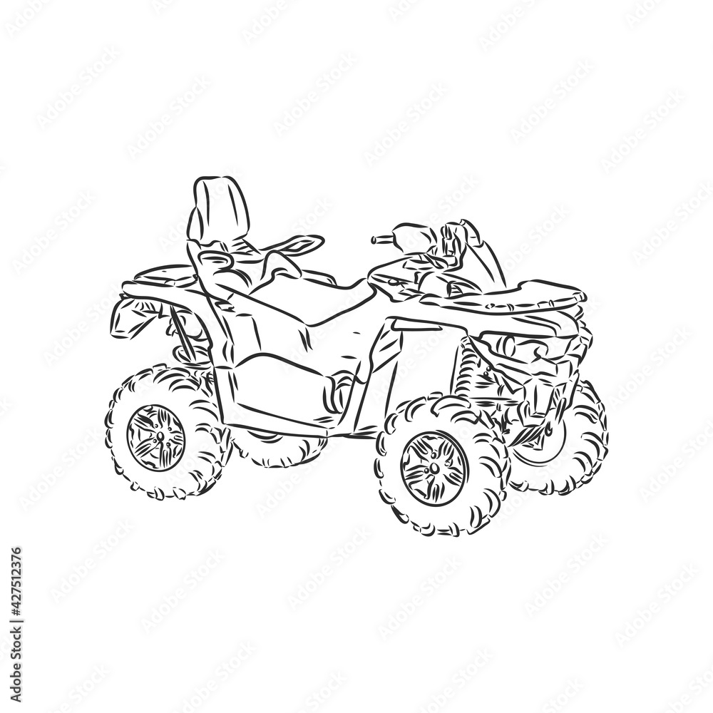 Hand drawn sketch of quad bike in black isolated on white background. Detailed vintage etching style drawing. atv vector sketch on white background