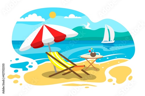 Umbrella and sun lounger on the beach Seaside vacation Summer holiday Lounger on sea beach Landscape beautiful seascape Vector illustration