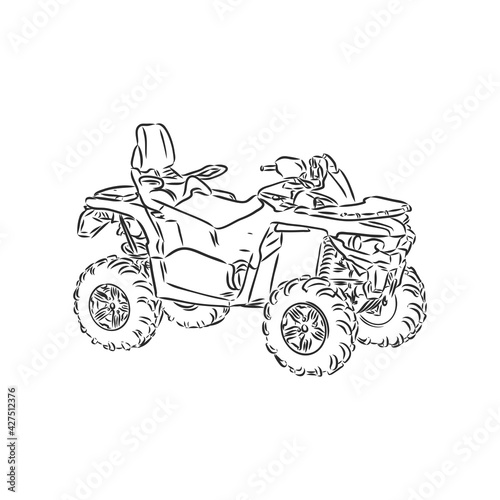 Hand drawn sketch of quad bike in black isolated on white background. Detailed vintage etching style drawing. atv vector sketch on white background