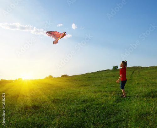  Little boy playing with kite on field