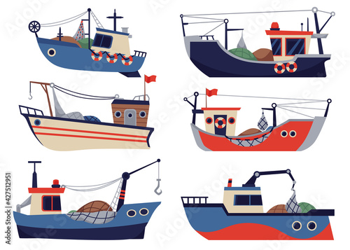 Vector set of fishing ships, boats and vessels for fishery at sea or ocean.