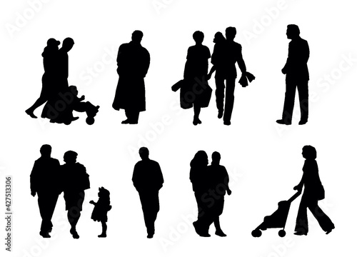 Silhouettes of people, families, friends, men.