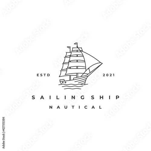 Vintage Retro Line art Sailing Ship Logo Design