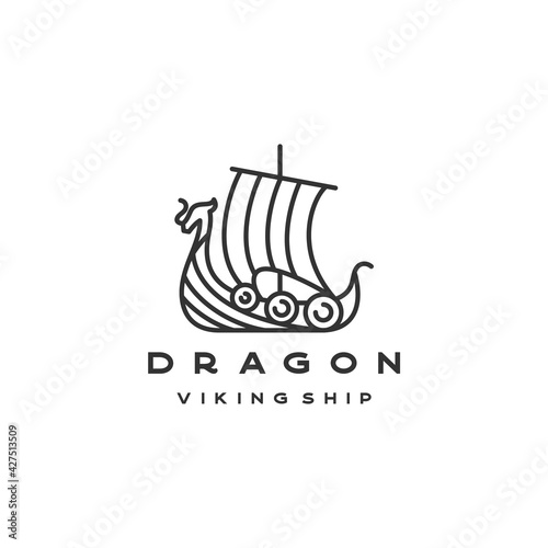 Line art Viking Ship Logo Design Vector