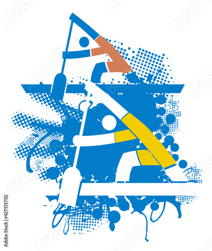 

Two racing canoeists. 
Stylized drawing of two athletes on Canoe on Grunge abstract background. Vector available.