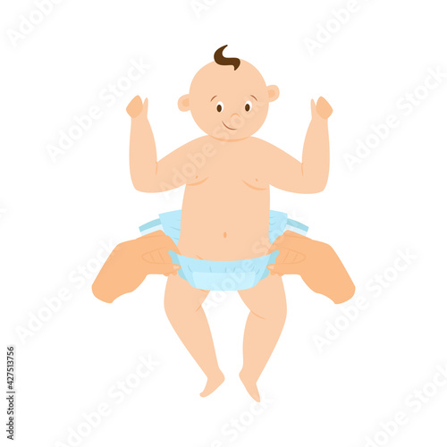 Baby diaper change - hands changing cartoon child nappies