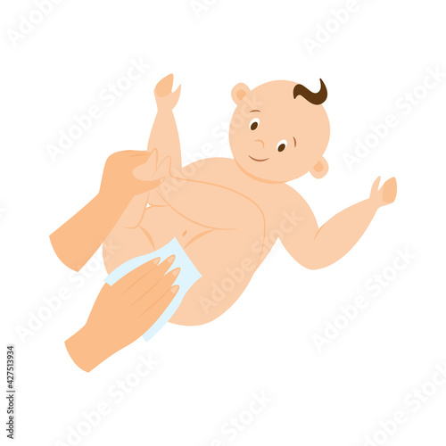 Mothers hands changing a diaper for a baby, flat vector illustration isolated.