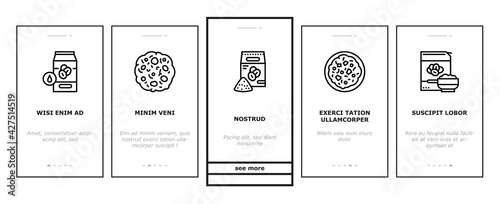 Oatmeal Nutrition Onboarding Mobile App Page Screen Vector. Oat And Flour Bag, Cookies And Milk, Bar And Oatmeal Porridge, Boiling And Cooked Breakfast Illustrations © vectorwin