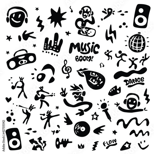  music party - sign and symbol set , vector background 