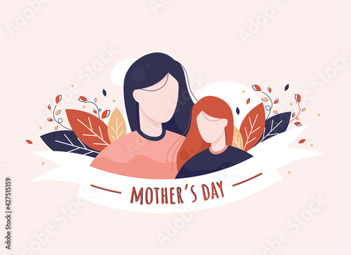Happy mother's day vector illustration with mom and daughter in flat design. Pink and red. Eps 10