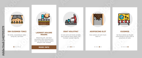Road Construction Onboarding Mobile App Page Screen Vector. Gravel Crushed Stone Road And Asphalt, Embankment And Strengthening Of Slopes, Bridge And Drainage Illustrations