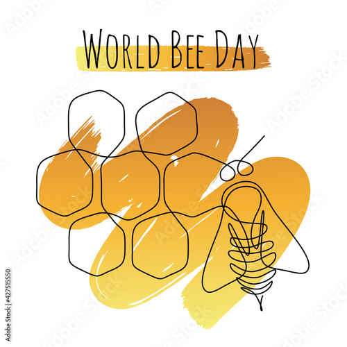 World Bee Day web banner in one line drawing style. Bumblebee insect on top of a honeycombs background. Editable stroke. Lineart Vector illustration