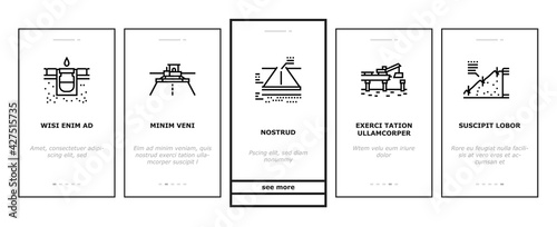 Road Construction Onboarding Mobile App Page Screen Vector. Gravel Crushed Stone Road And Asphalt, Embankment And Strengthening Of Slopes, Bridge And Drainage Illustrations