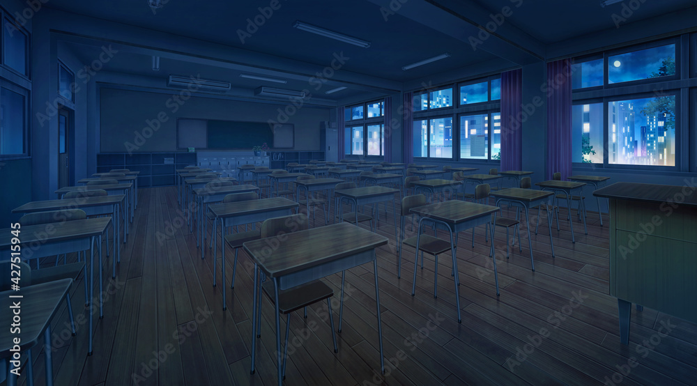 High school classroom in the nighttime, Anime background, 2D illustration.  Stock Illustration | Adobe Stock