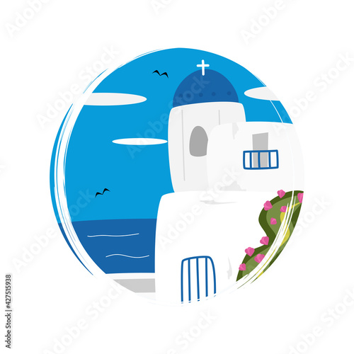 Cute logo or icon vector with sunny day greek landscape scene with sea, illustration on circle with brush texture, for social media story and highlight 