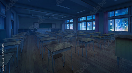 High school classroom in the nighttime, Anime background, 2D illustration.  Stock Illustration | Adobe Stock