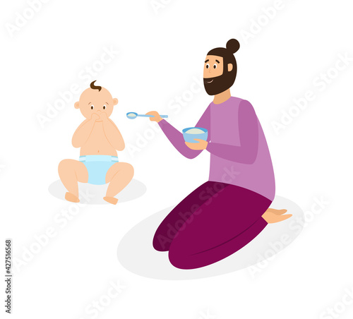 Smiling father feeding with spoon little baby, dad care child.