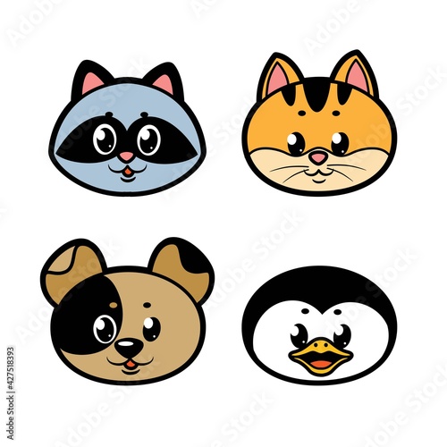 Cute cartoon kitten, puppy, penguin, raccoon color variation for coloring page isolated on white background © Azuzl