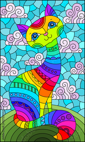 Stained glass illustration with a rainbow cartoon cat against a blue sky with clouds, rectangular image